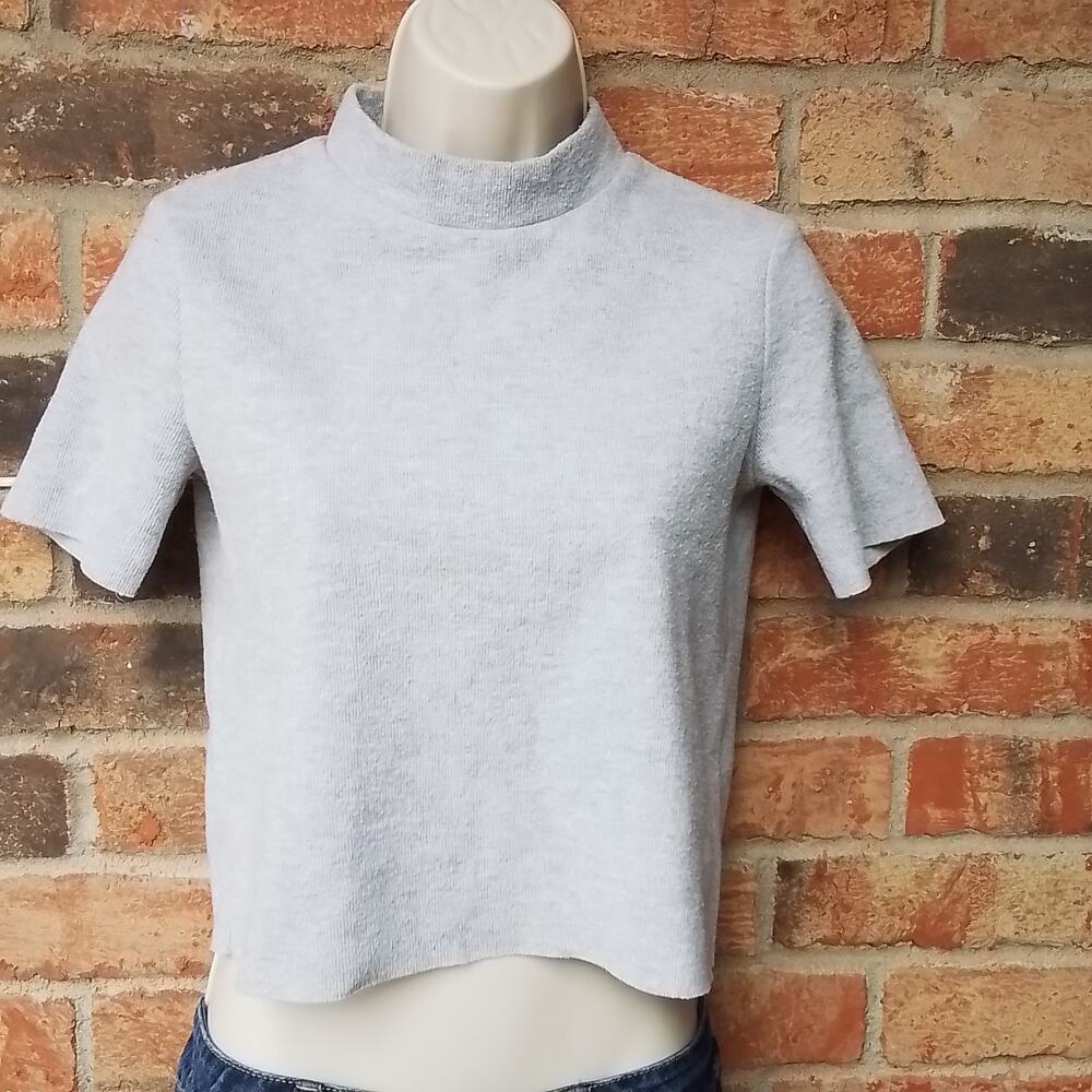 Zara Womens‎ Sweater S Heather Gray Short Sleeve Mock Neck Cropped Knit Top